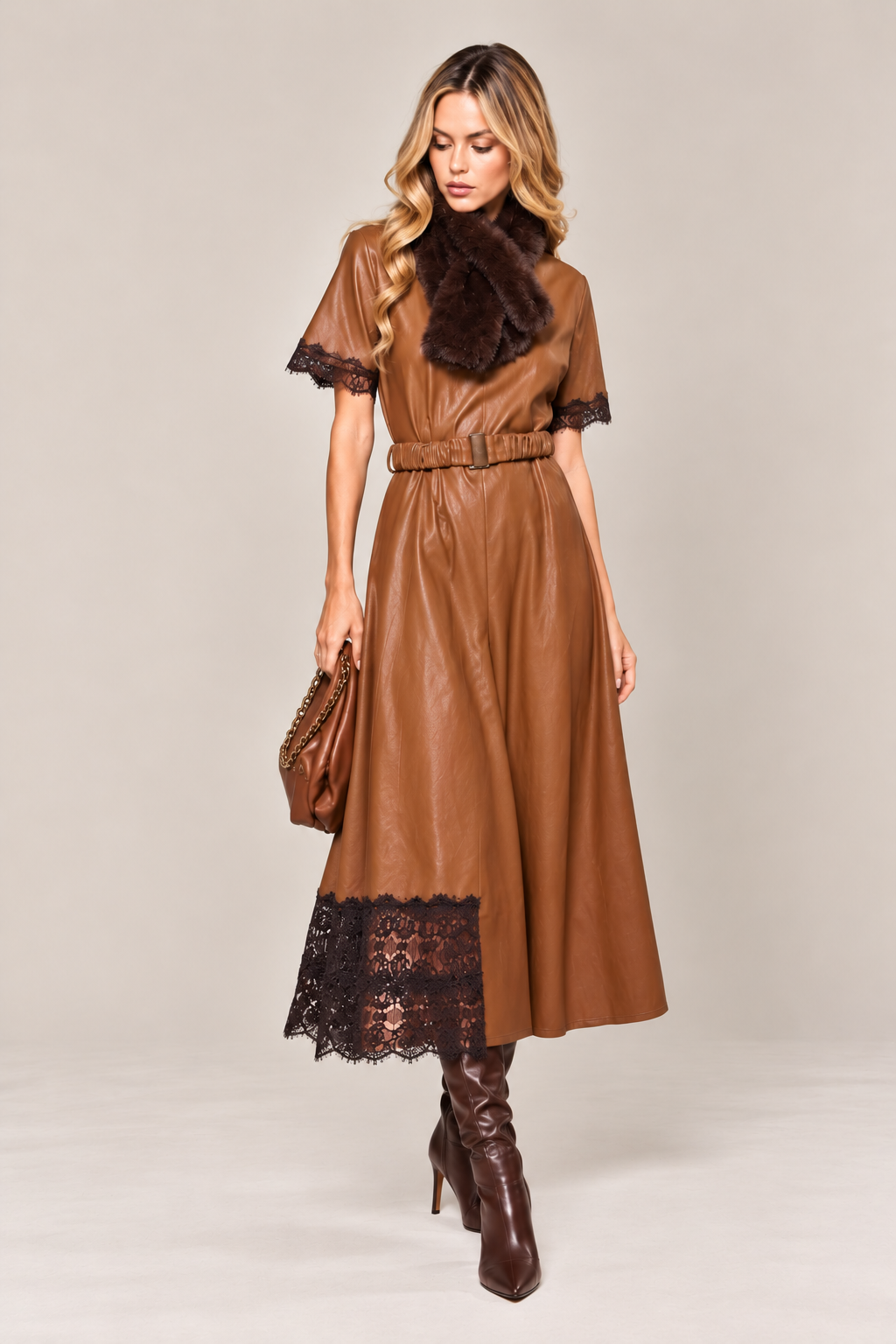 VESTIDO ECOPELE E RENDA - GUSI